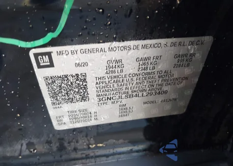 2020 Chevrolet Trax Fwd Lt z USA, uszkodzony, nr VIN 3GNCJLSB4LL293409